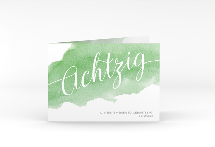 Einladung 80. Geburtstag Aquarell A6 Klappkarte quer gruen