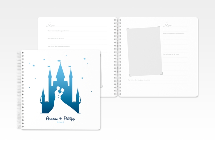 Gästebuch Hochzeit Castle Ringbindung blau mit Silhouette von Märchenschloss mit Prinz und Prinzessin