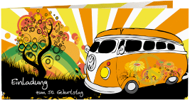 Einladung 50. Geburtstag Heiko/Heike lange Klappkarte quer mit Hippie-Bus und psychedelischen Mustern