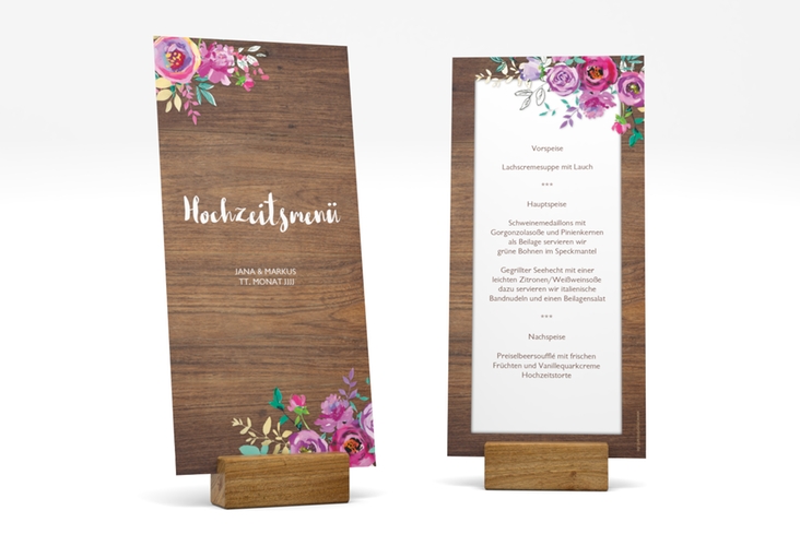 Menükarte Hochzeit Flourish lange Karte hoch braun mit floraler Bauernmalerei auf Holz