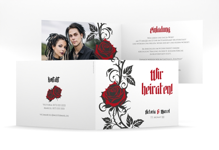 Hochzeitseinladung Red Rose mittlere Klappkarte quer weiss hochglanz