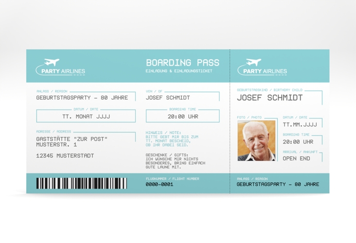 Einladung 80. Geburtstag Boardingpass lange Karte quer