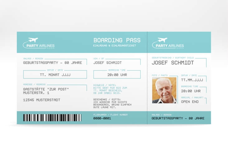 Einladung 80. Geburtstag Boardingpass lange Karte quer tuerkis hochglanz