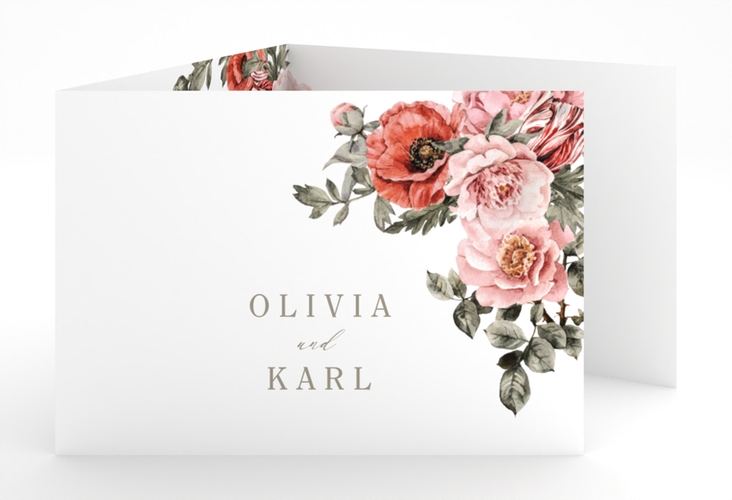 Hochzeitseinladung Grazioso A6 Doppel-Klappkarte weiss hochglanz modern mit Mohnblumen und Rosen