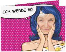 Einladung 80. Geburtstag Popart Woman A6 Klappkarte quer pink