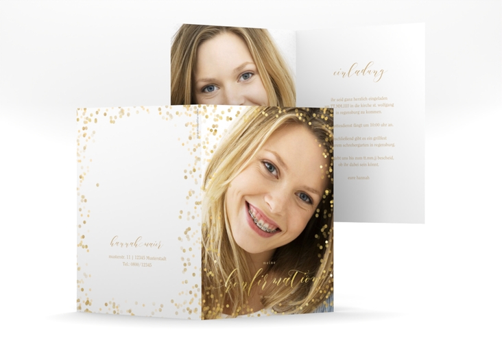 Einladung Konfirmation Lighten A6 Klappkarte hoch mit Foto und goldenem Konfetti