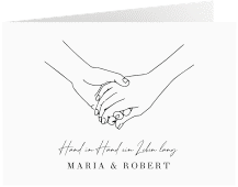 Klick: Details zu Danksagungskarte Hochzeit "Hands" anzeigen Danksagungskarte Hochzeit Hands A6 Klappkarte quer weiss mit sich haltenden Händen im Monoline-Stil