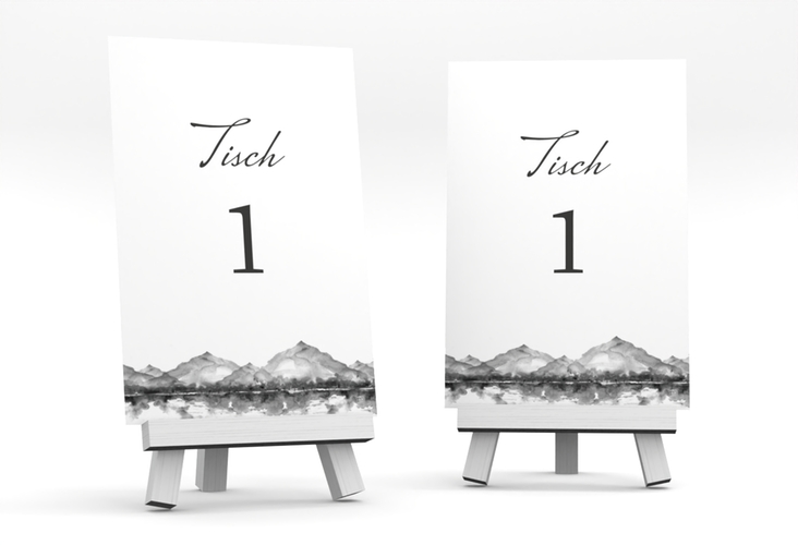 Tischnummer Hochzeit Bergliebe Tischaufsteller grau hochglanz mit Gebirgspanorama für Berghochzeit