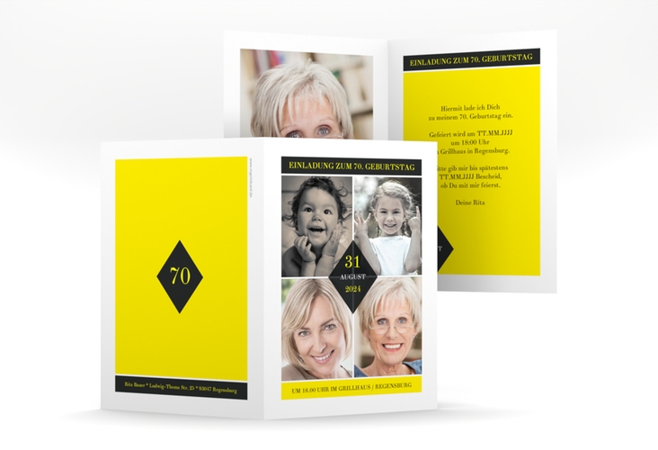 Einladung 70. Geburtstag Rhombus A6 Klappkarte hoch gelb hochglanz modern mit vier Fotos