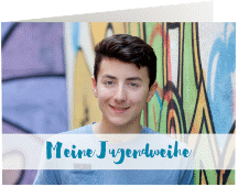 Einladung Jugendweihe Life A6 Klappkarte quer blau