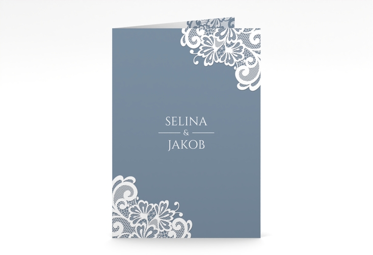 Menükarte Hochzeit Vintage A5 Klappkarte hoch blau mit floraler Spitze