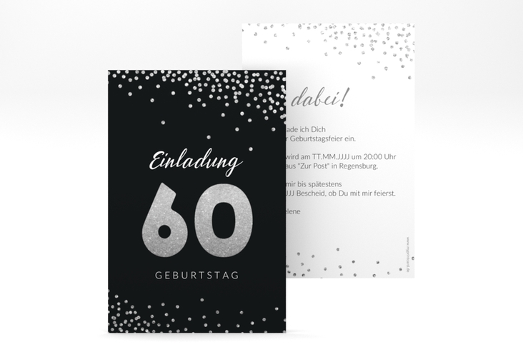 Einladung 60. Geburtstag Glitzer A6 Karte hoch grau hochglanz