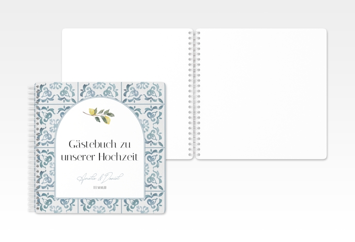 Gästebuch Hochzeit Azulejo Ringbindung blau mit mediterranem Azulejo-Muster und Zitronen