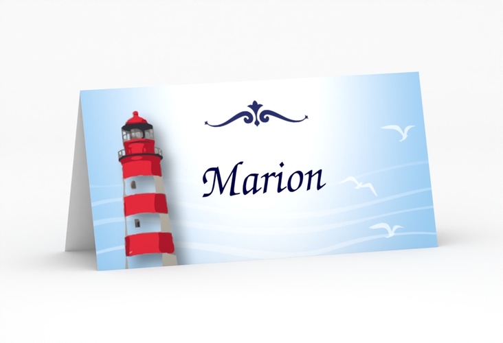 Tischkarte Hochzeit Sylt Tischkarten blau hochglanz mit Leuchtturm