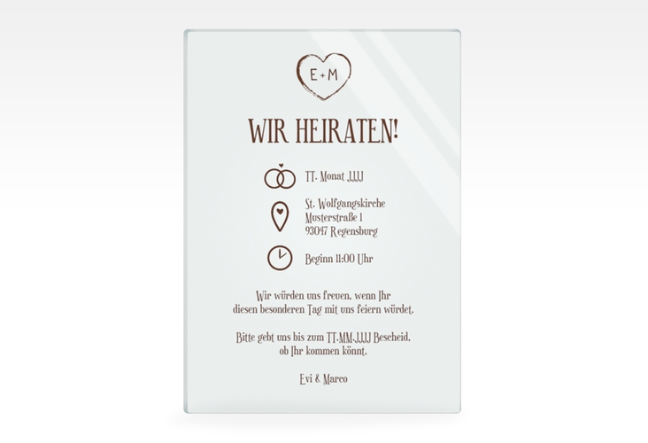 Acryl-Hochzeitseinladung Wood Acrylkarte hoch braun hochglanz