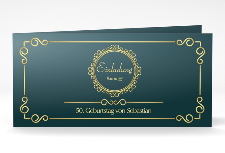 Einladung 50. Geburtstag Bert/Berta lange Klappkarte quer blau