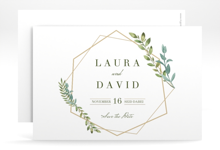 Save the Date-Karte Herbarium A6 Karte quer gold hochglanz mit geometrischem Rahmen und Blätter-Dekor