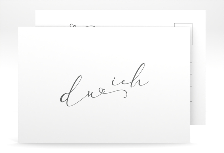 Save the Date-Postkarte Zweisamkeit A6 Postkarte weiss hochglanz im minimalistischen Stil mit Aufschrift du & ich