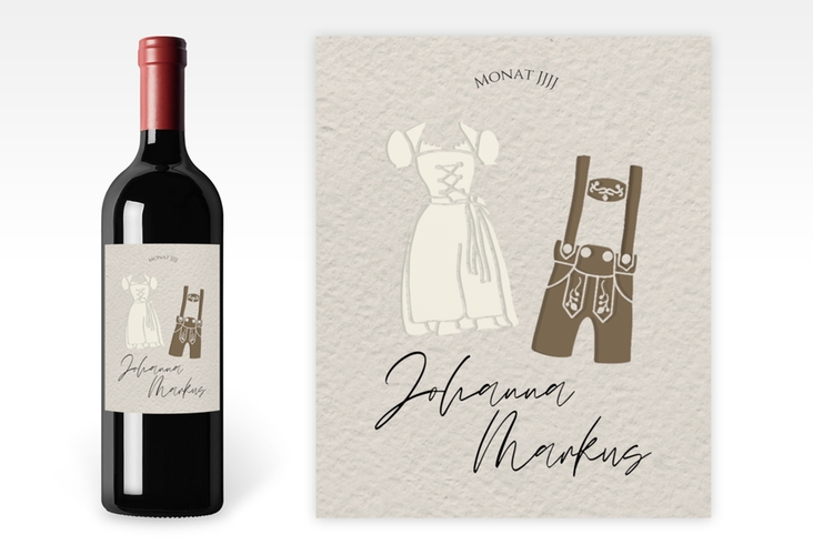Weinetikett zur Hochzeit Trachtenhochzeit Etikett Weinflasche 4er Set beige mit Dirndl und Lederhose