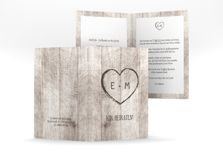 Einladungskarte Hochzeit Wood A6 Klappkarte hoch weiss hochglanz