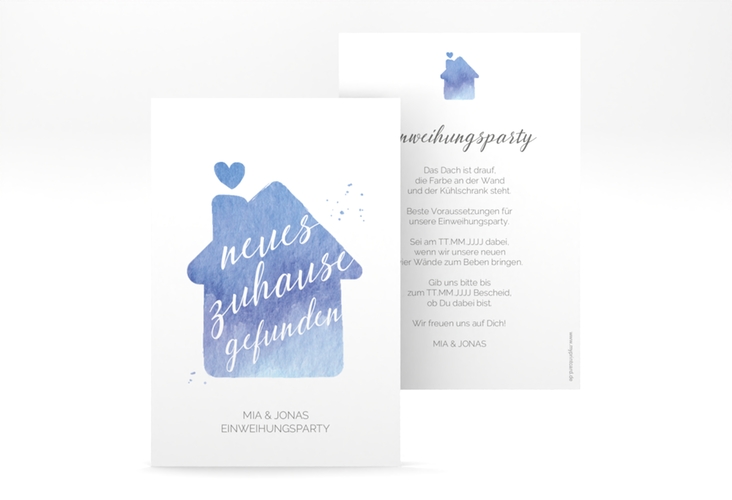 Party Einladung Zuhause A6 Karte hoch blau mit Haus in Aquarell