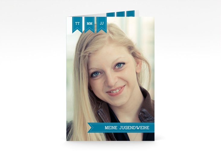 Einladung Jugendweihe Youthful A6 Klappkarte hoch blau hochglanz mit eigenem Foto