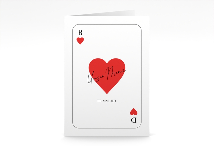 Menükarte Hochzeit Kartenspiel A5 Klappkarte hoch im Herz-Ass-Design eines Kartenspiels