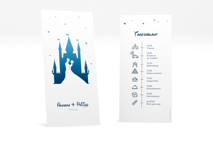 Tagesablauf Hochzeit Castle lange Karte hoch blau