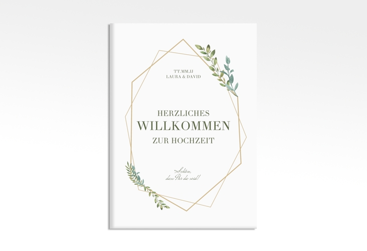 Willkommensschild Leinwand Herbarium 50 x 70 cm Leinwand gold mit geometrischem Rahmen und Blätter-Dekor