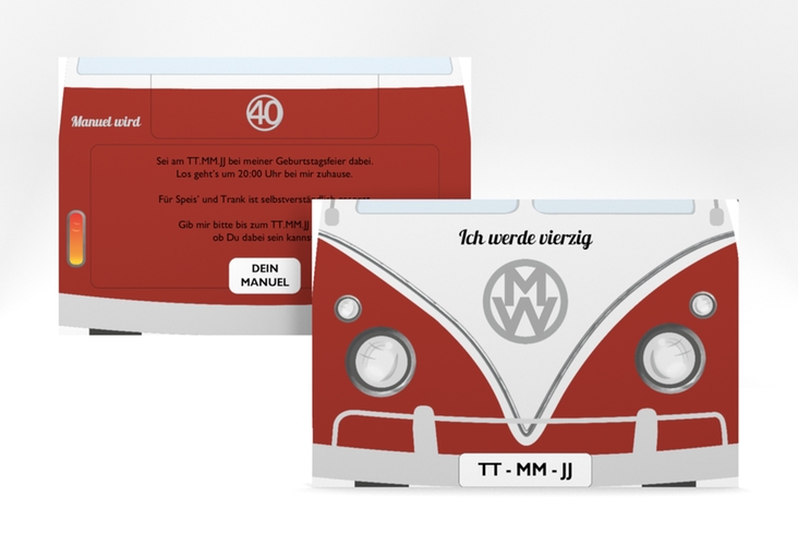 Einladung 40. Geburtstag Bulli Bus A6 Karte quer rot hochglanz