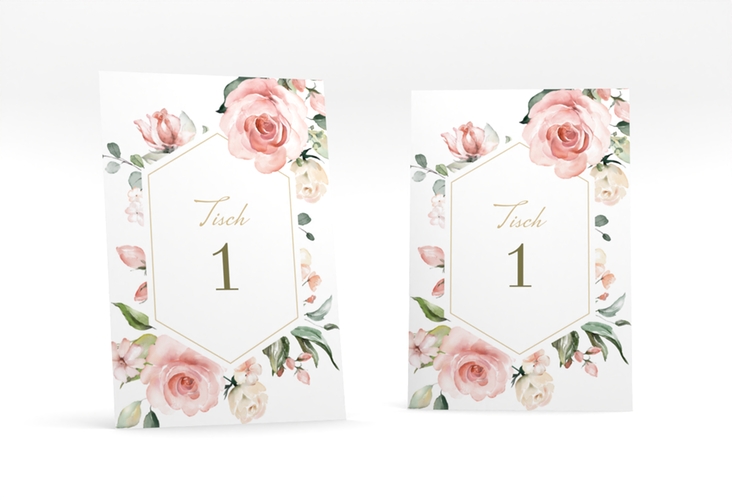 Tischnummer Hochzeit Graceful Tischaufsteller weiss hochglanz mit Rosenblüten in Rosa und Weiß