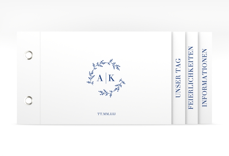 Hochzeitseinladung Filigrana Booklet blau in reduziertem Design mit Initialen und zartem Blätterkranz
