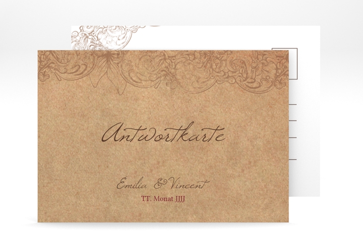 Antwortkarte Hochzeit Fairytale A6 Postkarte braun hochglanz mit Vintage-Bordüre
