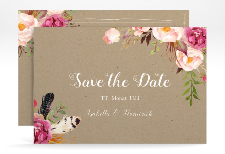 Save the Date-Karte Flowers A6 Karte quer Kraftpapier hochglanz mit bunten Aquarell-Blumen