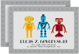 Einladungskarte Kindergeburtstag Roboter A6 Karte quer grau mit drei bunten Robotern