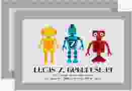 Einladungskarte Kindergeburtstag "Roboter" A6 Karte quer grau mit drei bunten Robotern