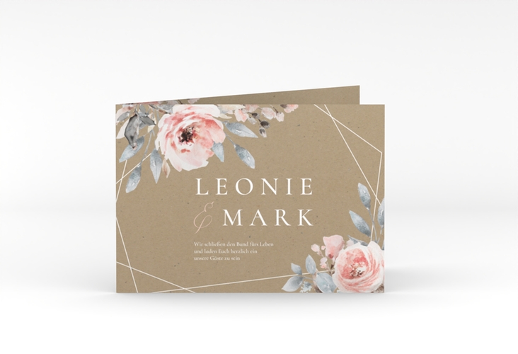 Hochzeitseinladung Perfection A6 Klappkarte quer Kraftpapier mit rosa Rosen