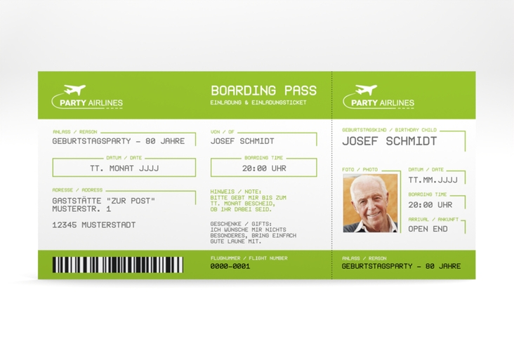 Einladung 80. Geburtstag Boardingpass lange Karte quer gruen hochglanz