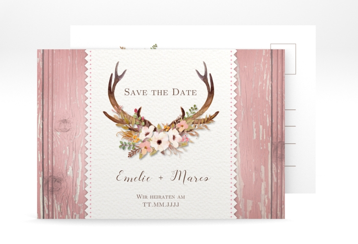 Save the Date-Postkarte Heimatjuwel A6 Postkarte rosa hochglanz mit Hirschgeweih und Holz-Hintergrund