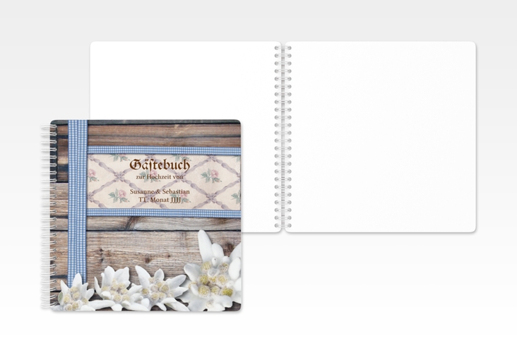 Gästebuch Hochzeit Bayern Ringbindung blau mit Edelweiß in rustikaler Holz-Optik