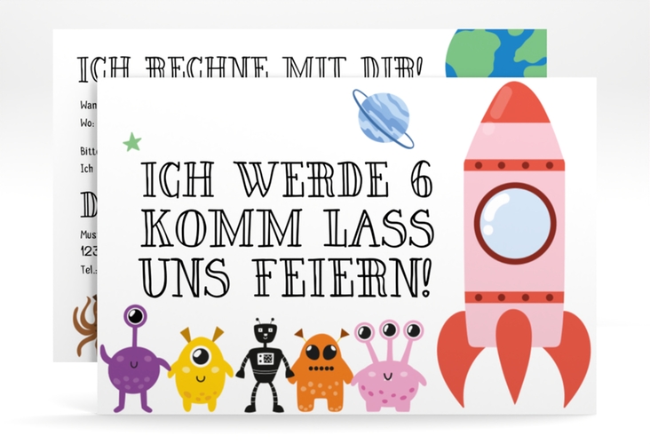 Einladungskarte Kindergeburtstag Zahlien A6 Karte quer weiss hochglanz mit außerirdischen Monstern und Rakete