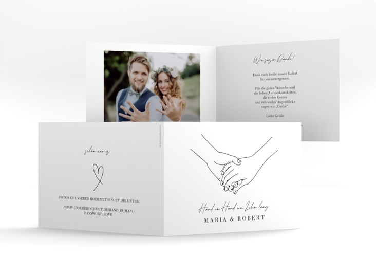 Danksagungskarte Hochzeit Hands A6 Klappkarte quer mit sich haltenden Händen im Monoline-Stil
