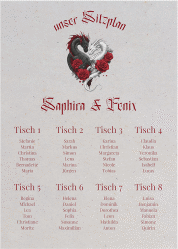 Sitzplan Poster Hochzeit Drachenliebe 50 x 70 cm Poster grau mit schwarzem und weißem Drachen zu einem Herz verschlungen