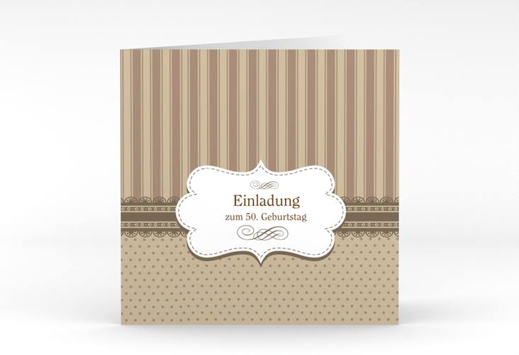 Einladung 50. Geburtstag Heinrich/Henriette quadr. Klappkarte braun mit frechen Polka Dots