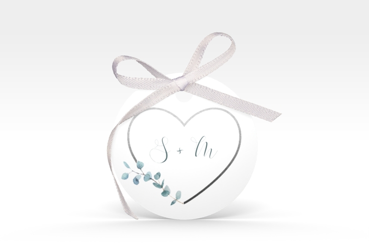 Geschenkanhänger Hochzeit Greenheart Geschenkanhänger, rund grau hochglanz mit elegantem Herz und Eukalyptus-Zweig