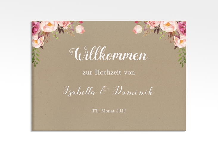 Willkommensschild Leinwand Flowers 70 x 50 cm Leinwand Kraftpapier mit bunten Aquarell-Blumen