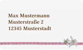 Klick: Details zu Empfängeretikett Hochzeit "Bayern" anzeigen Empfängeretikett Hochzeit Bayern 63,5 x 38,1 mm rot mit Edelweiß in rustikaler Holz-Optik
