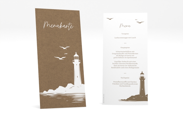 Menükarte Hochzeit Leuchtturm lange Karte hoch Kraftpapier