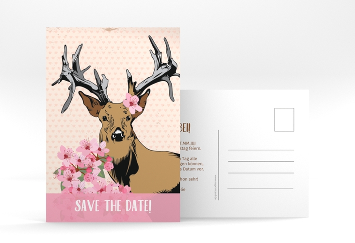 Save the Date-Postkarte Geburtstag Platzhirsch A6 Postkarte rosa hochglanz