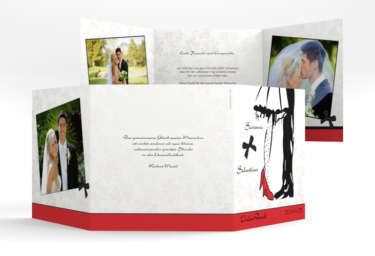 Dankeskarte Hochzeit Straßburg quadr. Doppel-Klappkarte rot hochglanz mit Rockabilly-Brautpaar